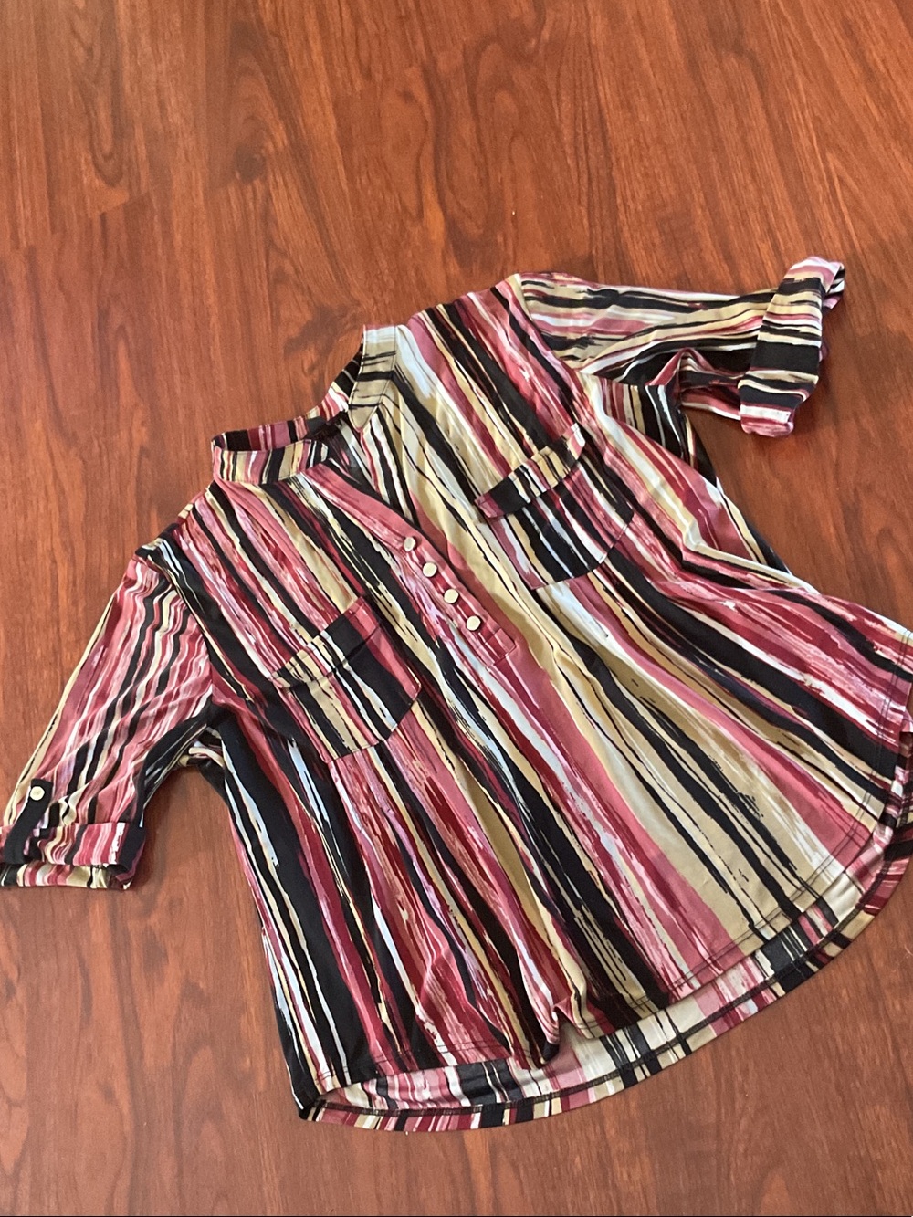 Cocomo Petite Vertical Stripe Blouse in Pink, Black & Cream
